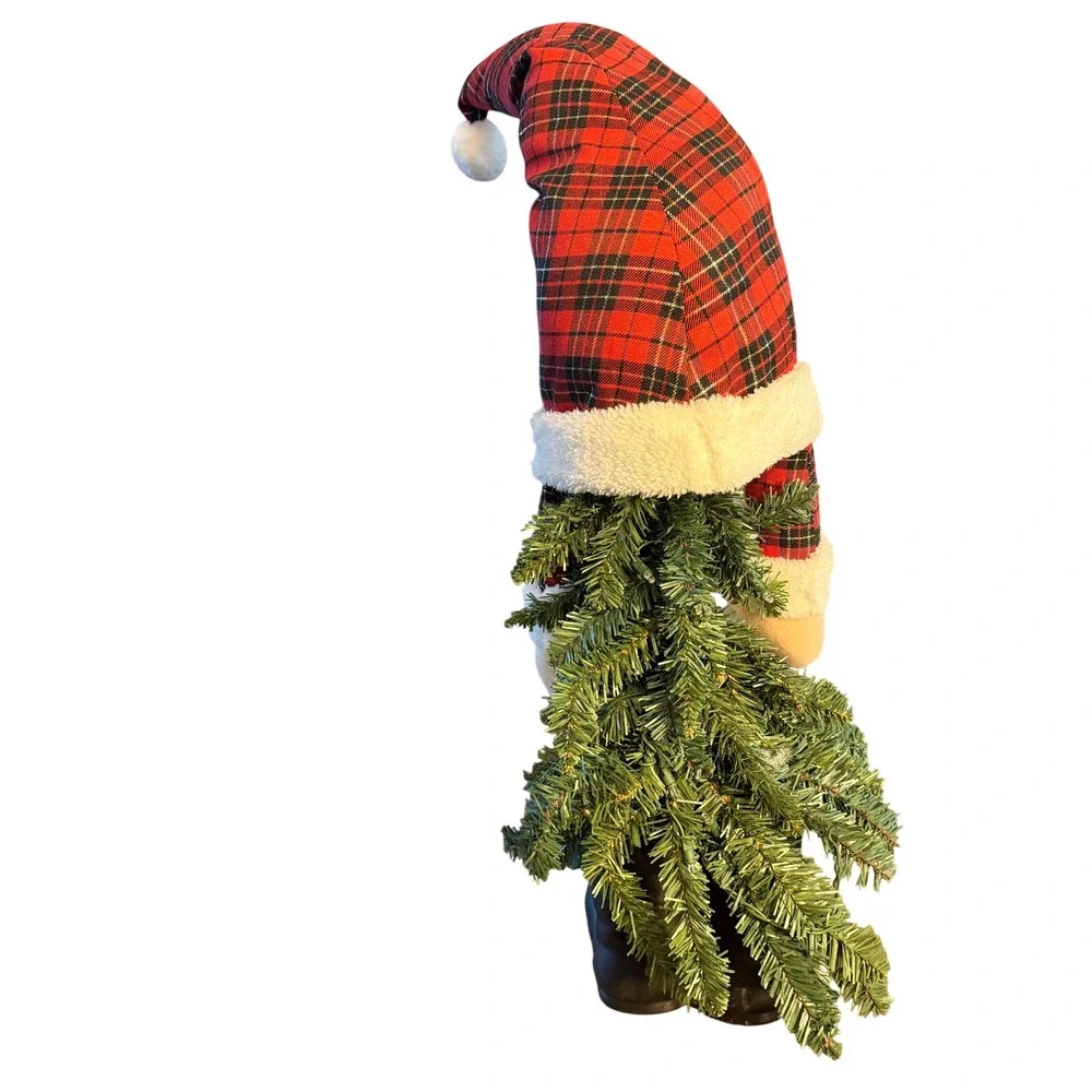 Christmas Gnome Figurine Red Black Plaid Hat with Evergreen Branch Holiday Decor